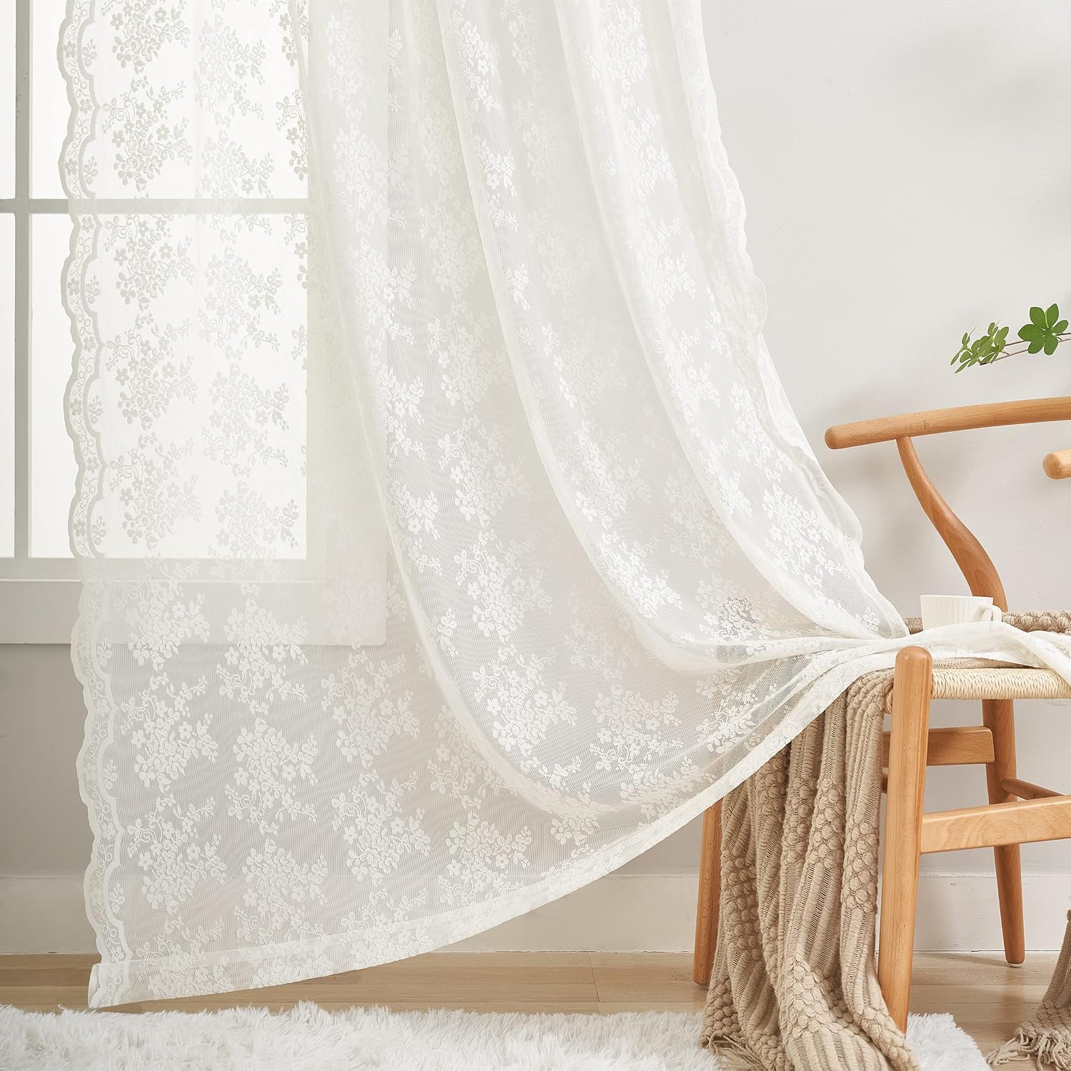 Vintage Lace Curtains 84 Inches Long-Victorian Floral Pattern Ivory Sheer Curtain Panels for Living Room Bedroom French Door, Light Filtering Drapes, 2 Panels 52W x 84L Cream